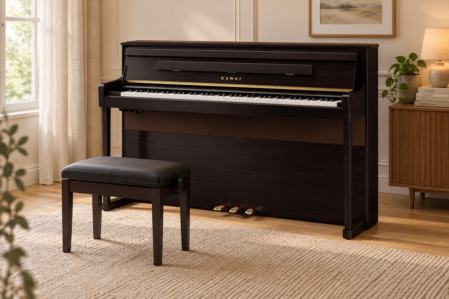 Tmavý klavír Kawai CA901 v prevedení rosewood v pokojnom, svetlom interiéri bez ľudí.
